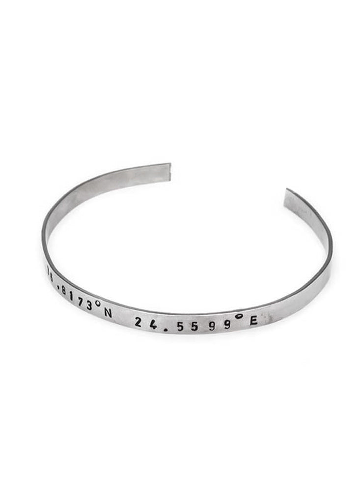 Adjustable silver plated bracelet stamped with earth's coordinates by 3rd Floor Handmade Jewellery
