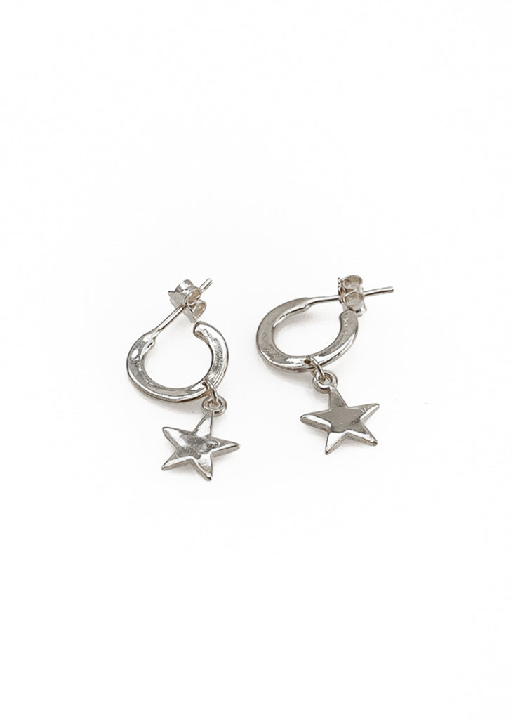 Vega. Handmade, silver plated silver, hoop earrings, with a small dangling star