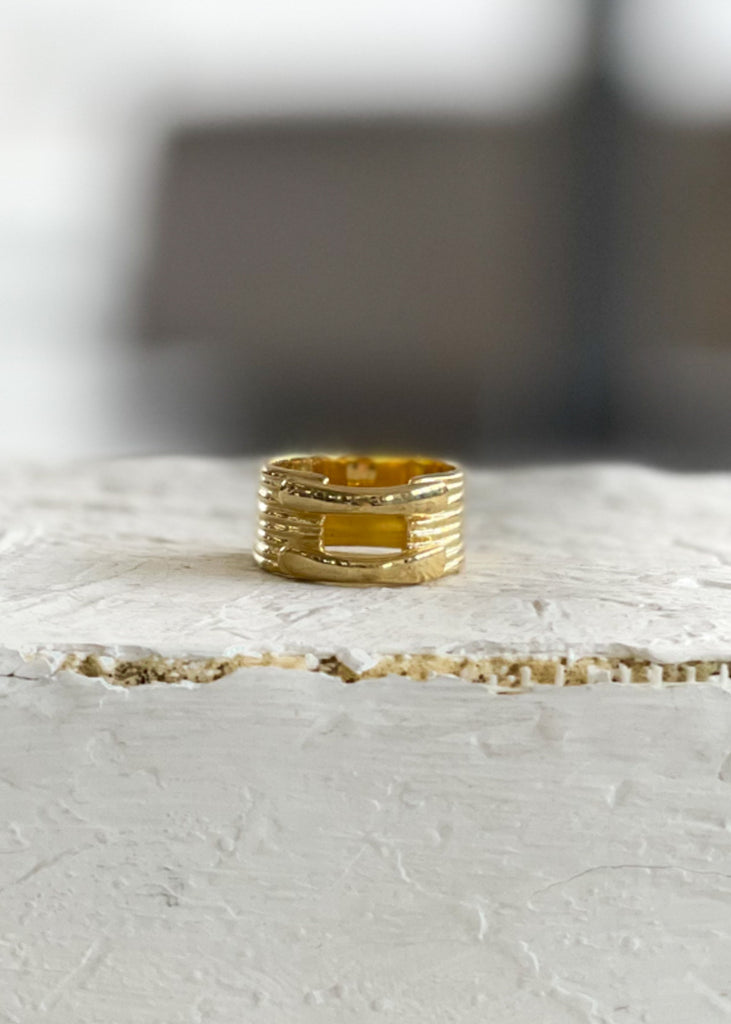 Hugo. Gold plated, wide ring with a rectangular cut out. By 3rd Floor Handmade Jewellery