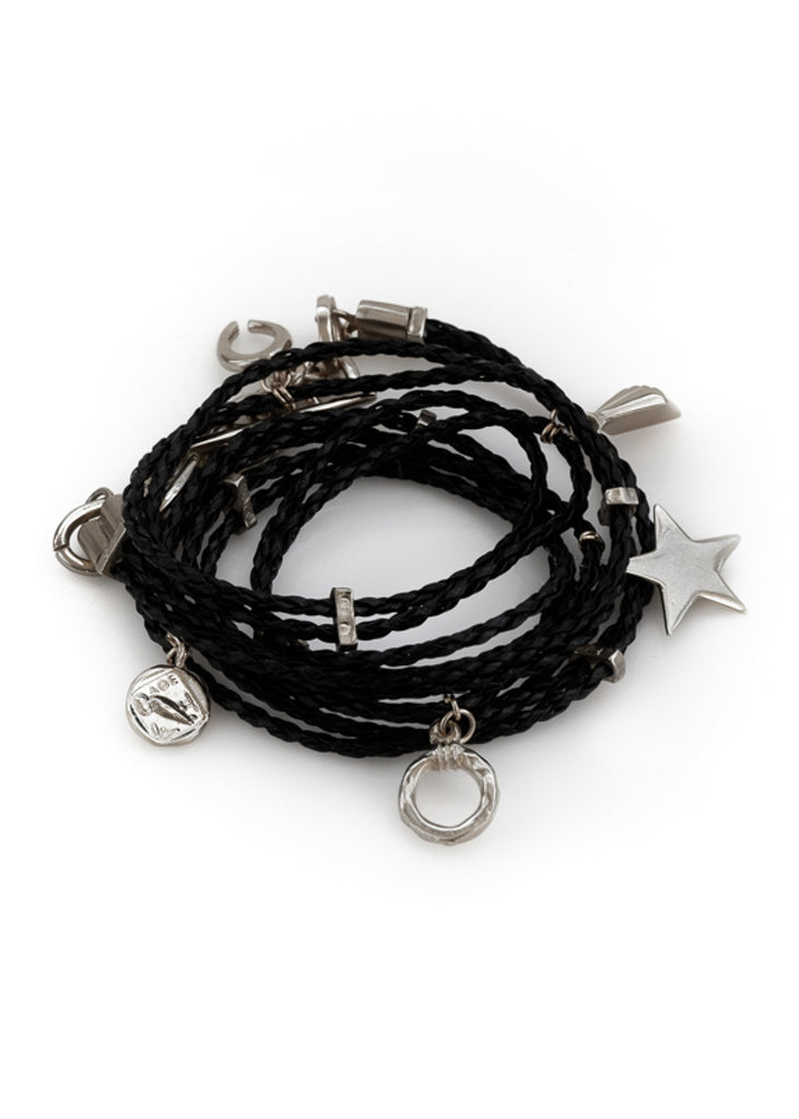 Orbit. Handmade, black leather, and silver plated brass, charms bracelet. By 3rd Floor Handmade Jewellery