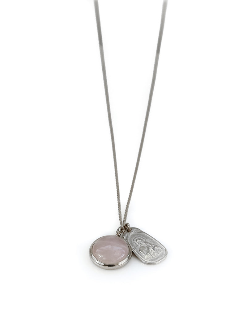Silver chain necklace, with a round, pink stone and silver plaque. Santa Maria necklace By 3rd Floor Lab