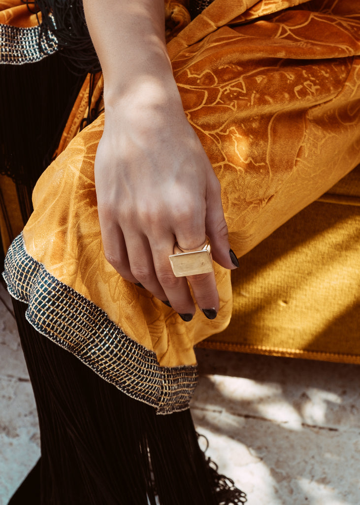 close up model's hand, wearing, takeshi Ring gold, by 3rd floor jewels 