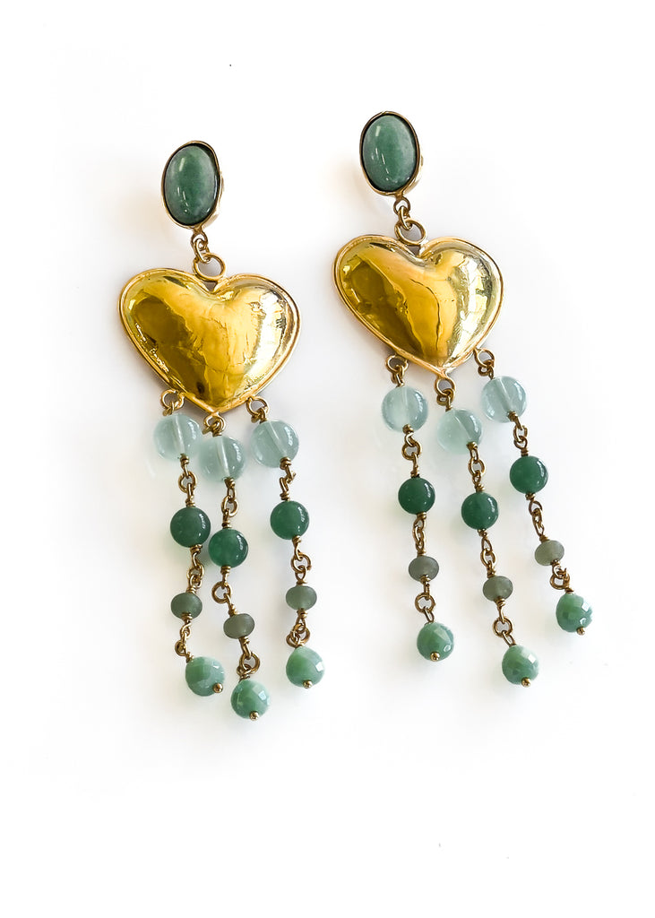 pair of two drop handmade earrings Triste, with a big heart in gold and various stones in different shades of green