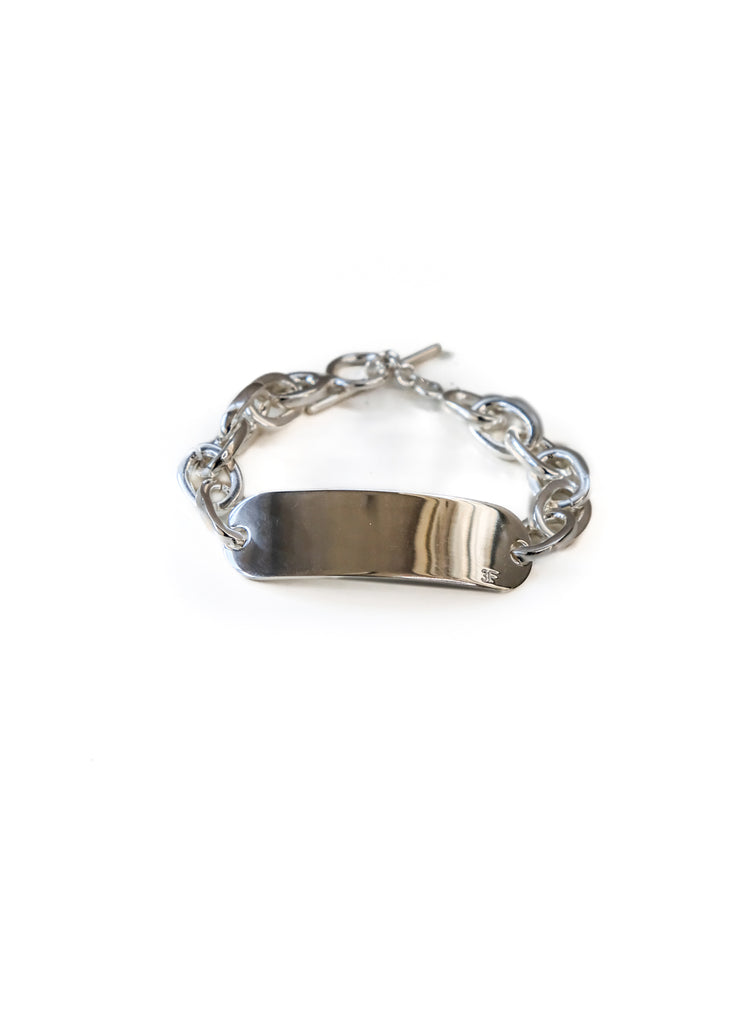 Grade. handmade, silver plated brass, ID bracelet