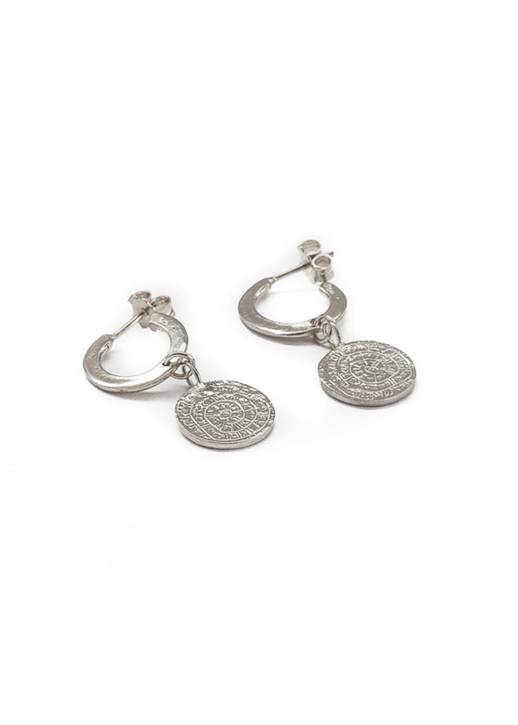 Faistos disc small silver hoop coin earrings by 3rd Floor Handmade Jewellery