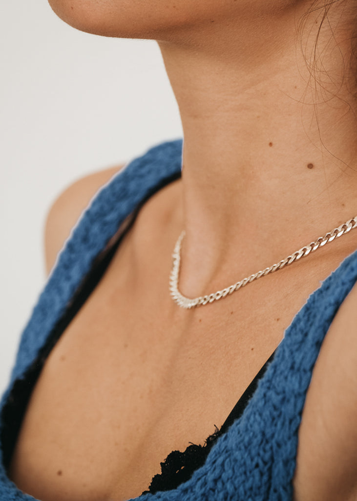 woman with Platinum plated, sterling silver, curb link chain, necklace by 3rd Floor Lab