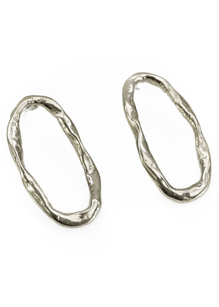 Silver, oval shaped, hanging earrings. Designed by 3rd Floor Handmade Jewellery