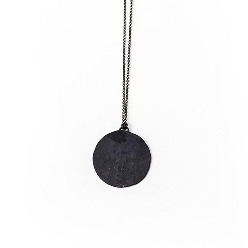 Amelia Big. Ruthenium plated (black), thin chain necklace, with a round, black pendant. By 3rd Floor Handmade Jewellery