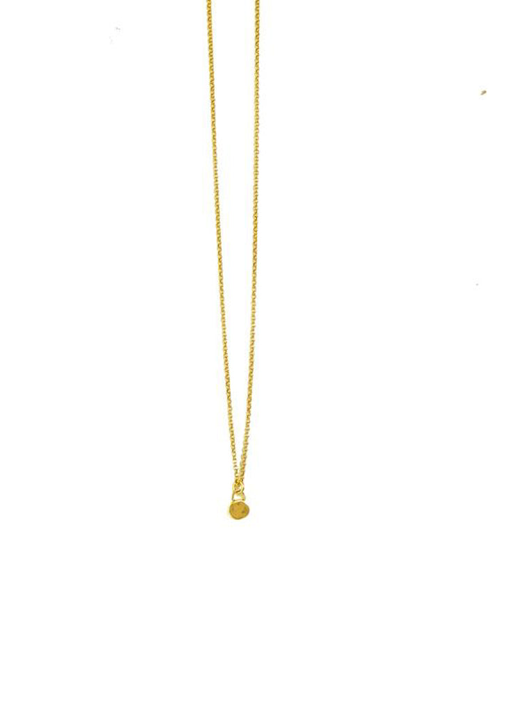 Thin, gold chain necklace, with a tiny, silver, round pendant. By 3rd Floor Handamade Jewllery
