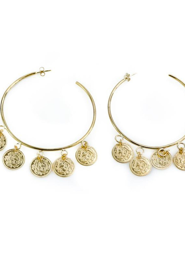 Beatrix. Gold, loop earrings, with round, dangling, embossed coins