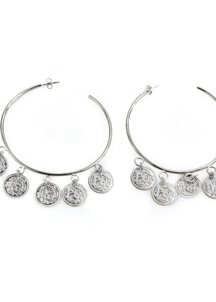 Beatrix. Silver, earrings, with round, dangling, embossed coins