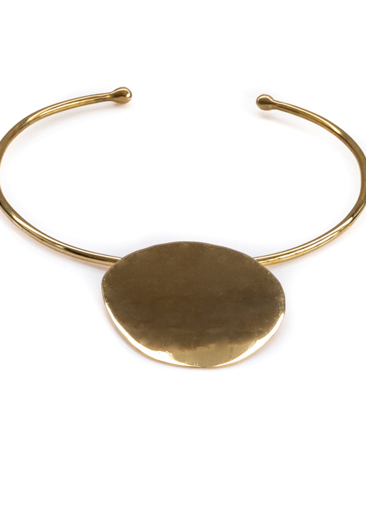 Gold, statement, collar necklace with a large, almost round, pendant