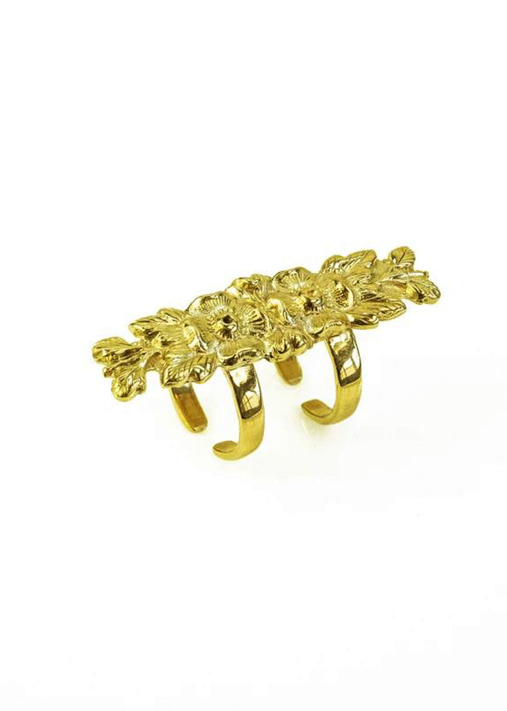 Hyppolyta II. Long, adjustable, gold ring, with embossed flower design. By 3rd Floor Handmade Jewellery