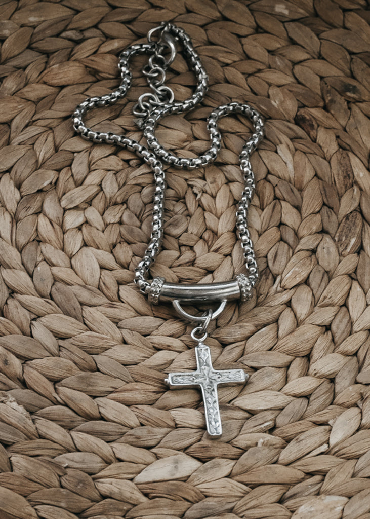 Thick, box chain necklace with a beautifully embossed cross. 