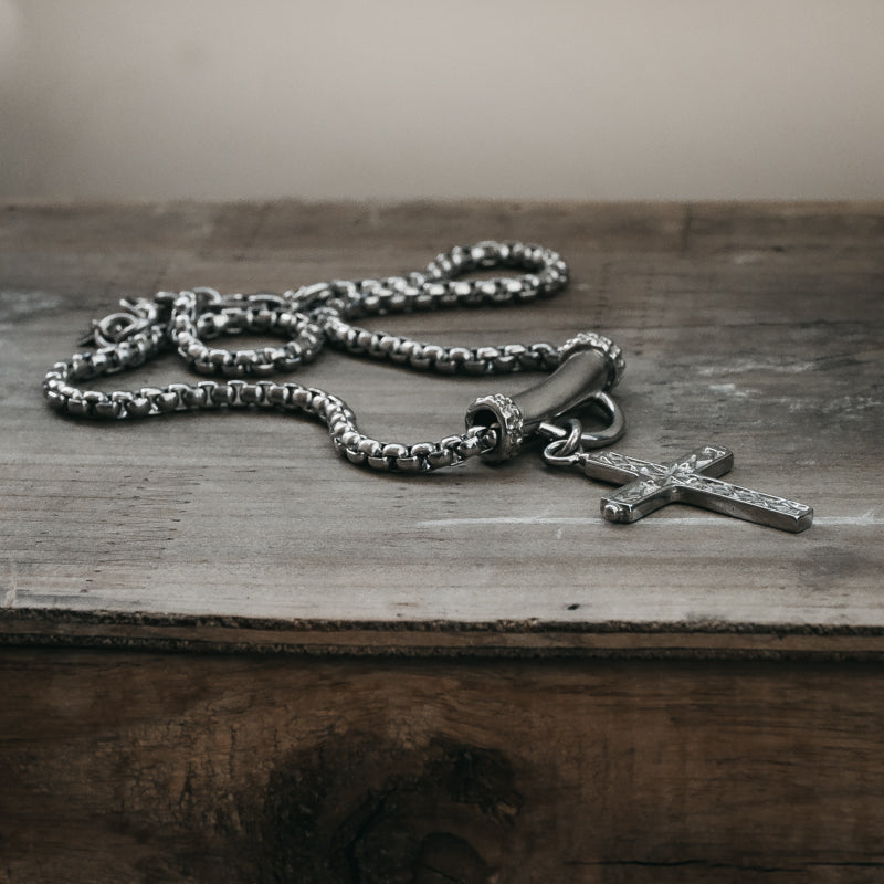 Thick, box chain necklace with a beautifully embossed cross. By 3rd Floor Lab
