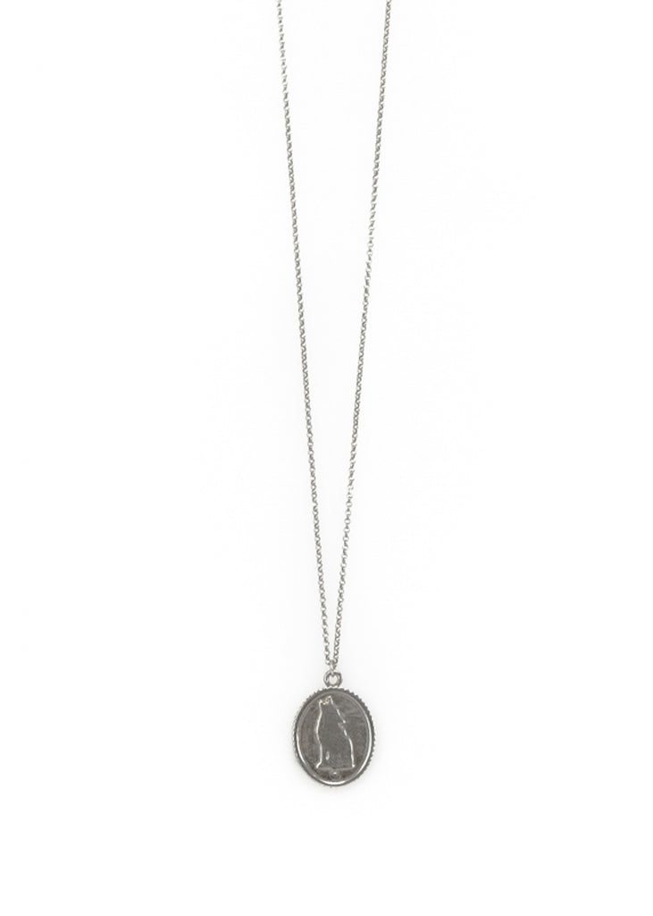 Lupus. Silver plated, handmade, chain necklace, with an oval element imprinted with a howling wolf