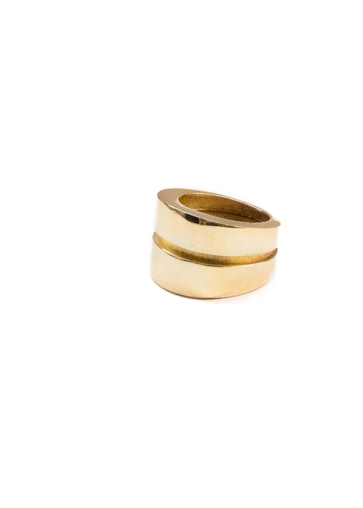 Wide gold plated ring with a deep embossed line around the middle
