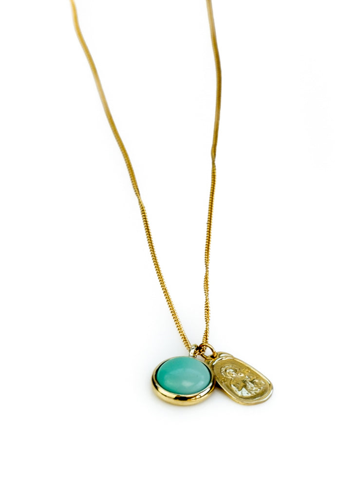 Gold chain necklace, with a round turquoise stone, and a gold Virgin Mary plaque