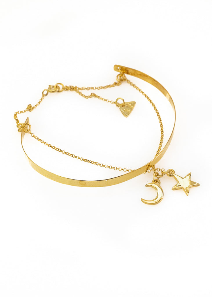 Night Sky. Rod and chain, handmade, gold plated silver, star and moon charm, bracelet