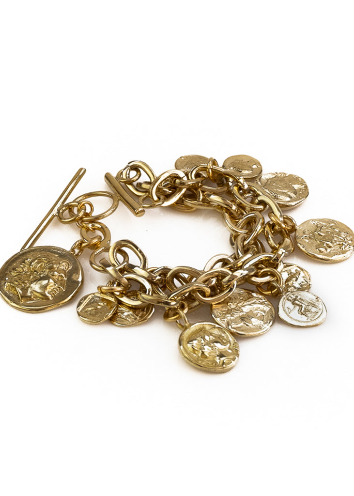 Nomismata. Gold plated brass, bracelet, handmade in Athens Greece, by 3rd Floor Workshop