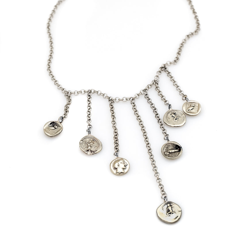 3rd Floor Handmade jewellery Obolos various length chains necklace with Greek coin replica charms