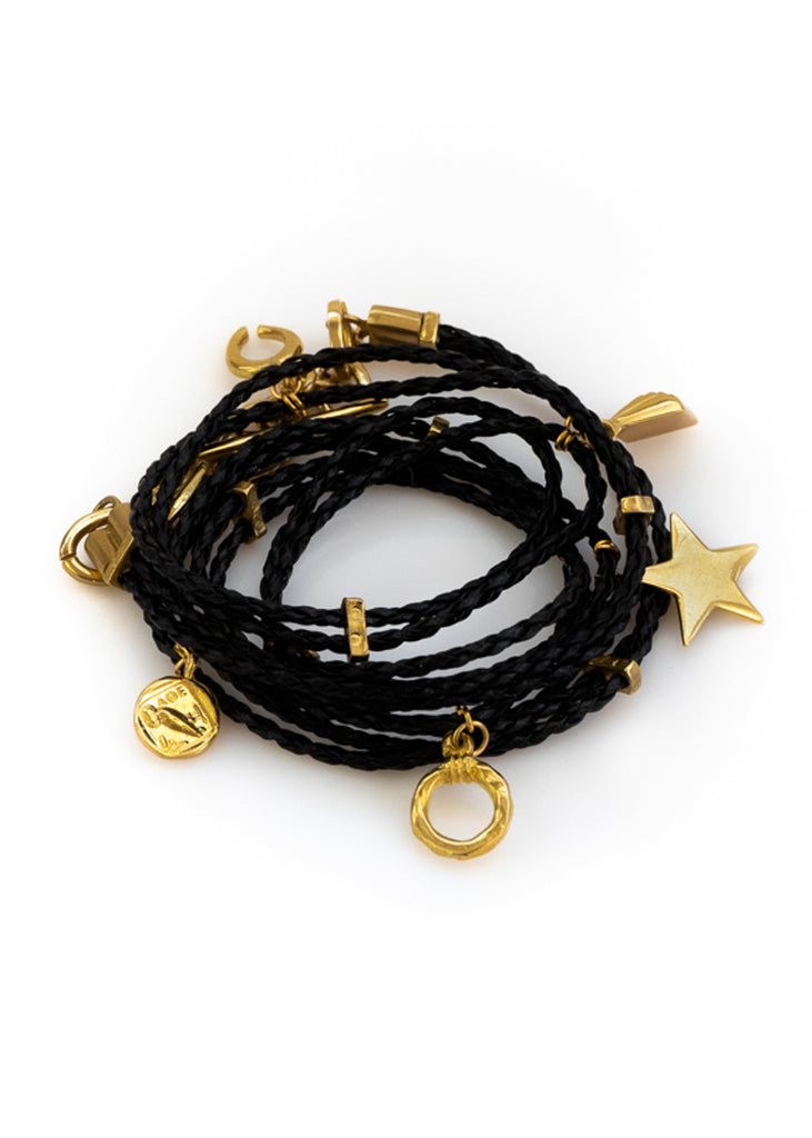 Orbit. Handmade, black leather, and gold plated brass, charms bracelet. By 3rd Floor Handmade Jewellery