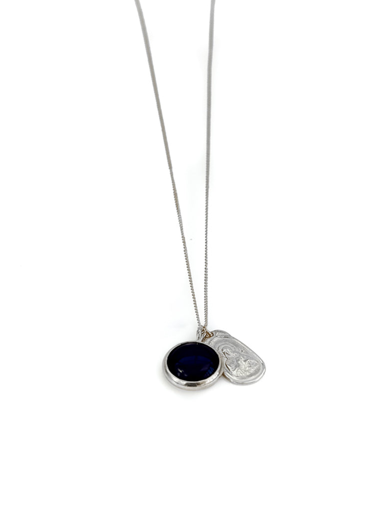 Silver chain necklace, with a round, black stone and silver plaque. Santa Maria necklace By 3rd Floor Lab