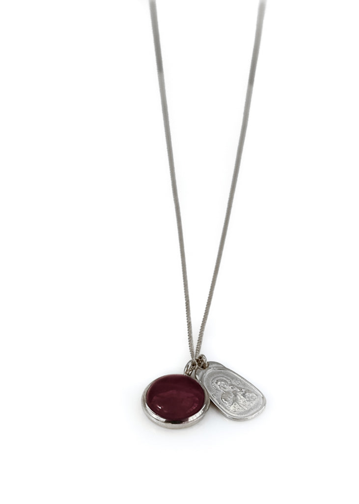 Silver chain necklace, with a round, brown stone and silver plaque. Santa Maria necklace By 3rd Floor Lab
