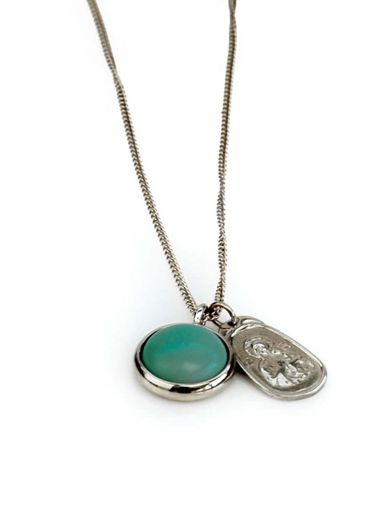Silver chain necklace, with a round, green stone and silver plaque. Santa Maria necklace By 3rd Floor Lab