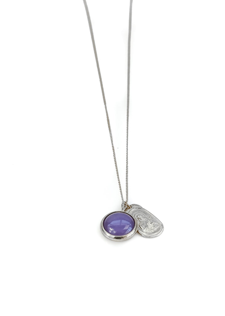 Silver chain necklace, with a round, purple stone and silver plaque. Santa Maria necklace By 3rd Floor Lab