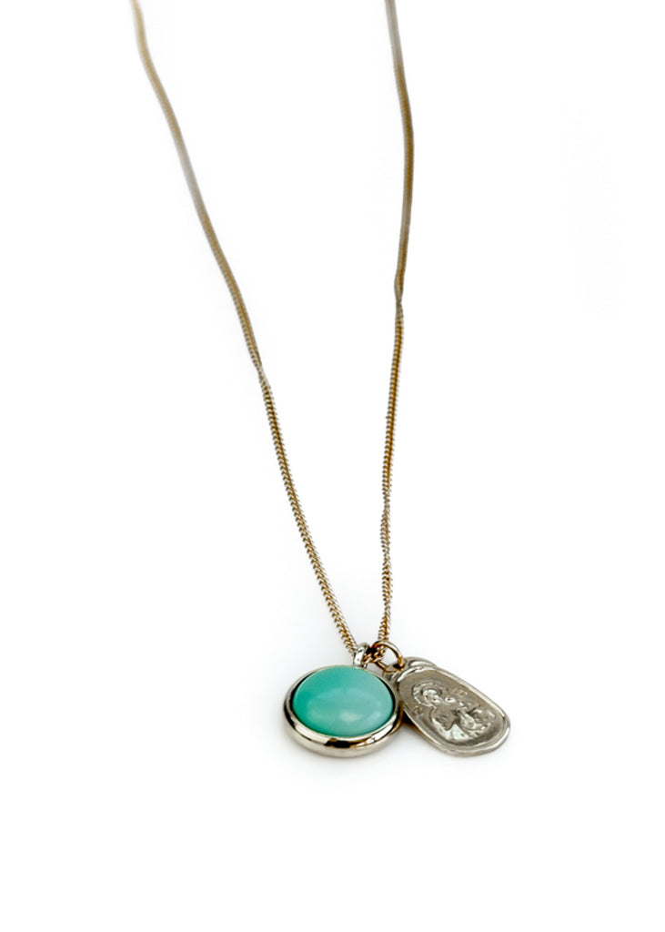 Silver chain necklace, with a round, turquoise stone and silver plaque. Santa Maria necklace By 3rd Floor Lab