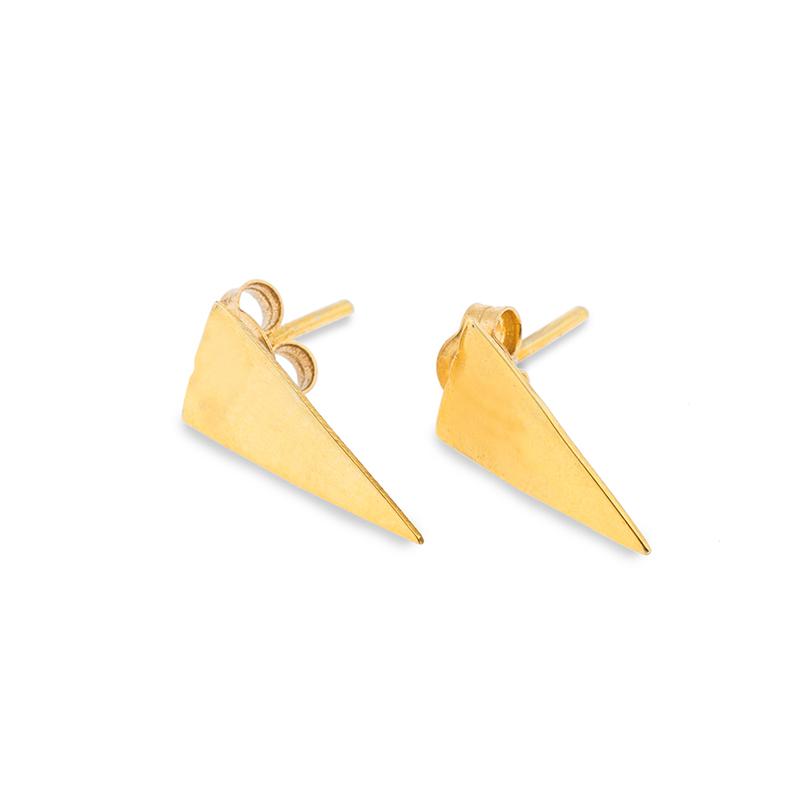 Pair of gold, scalene shaped earrings, on a completely white surface