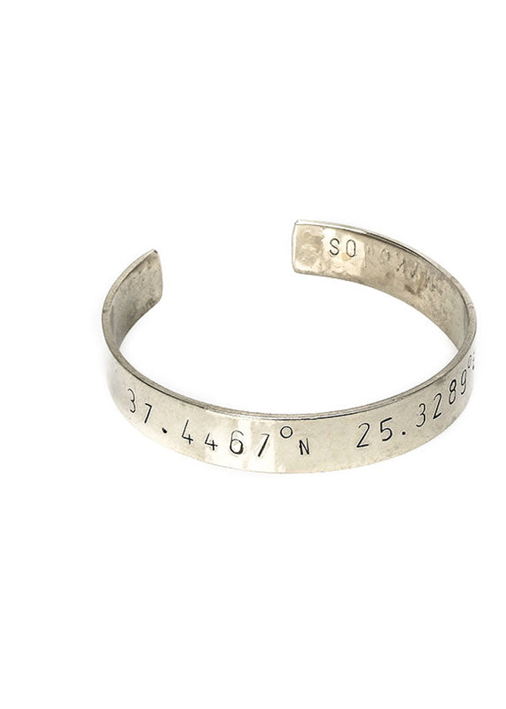  handmade silver plated adjustable bangle stamped with longitude and latitude coordinates