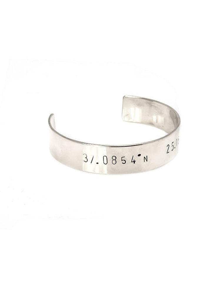 Adjustable silver plated coordinates stamped bracelet by 3rd Floor Handmade Jewellery