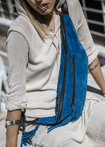 model wearing 3rd-floor handmade leather beldbag bravado blue