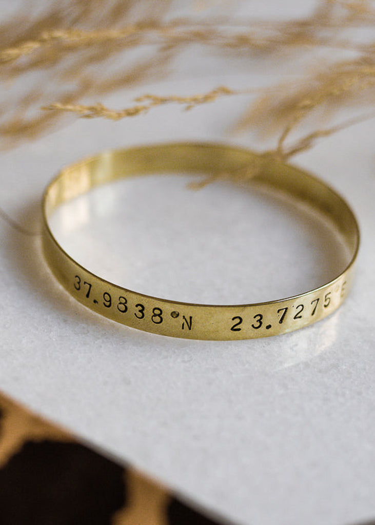 Marco Polo, gold plated, 925° silver handmade bangle bracelet, stamped with your choice of coordinates