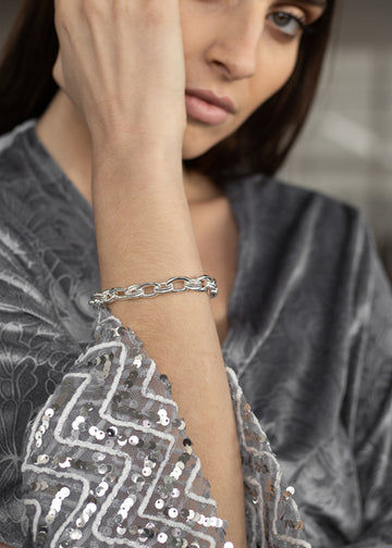 lady with Morgana. Silver, rope chain bracelet by 3rd Floor Lab