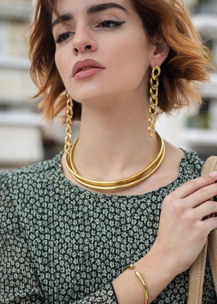 model with two, Rapture handmade collar necklaces gold