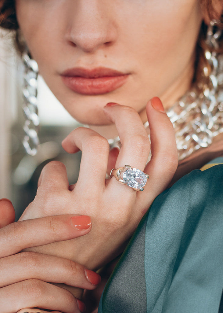 woman close-up, wearing Empress ring silver