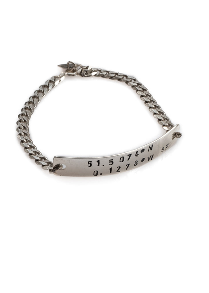 Arrival Big silver plated ID bracelet stamped with earth's latitude and longitude coordinates - 3rd Floor Coordinates Line