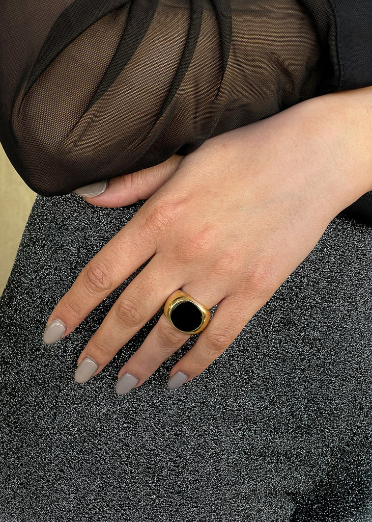 Χειροποίητο Δαχτυλίδι Oval Black Agate Χρυσό Χρώμα