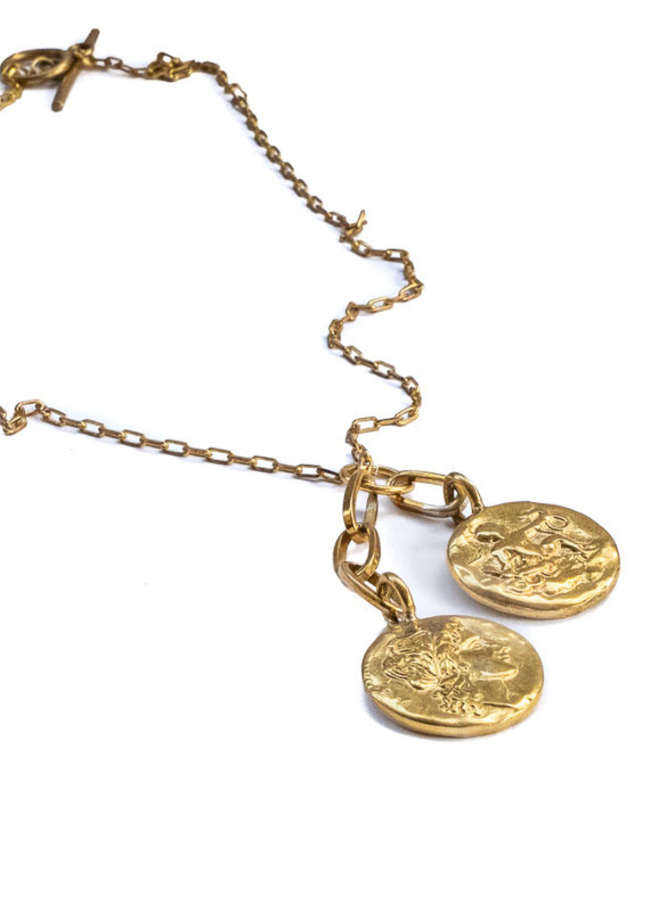 3rd Floor Handmade Jewellery gold chain necklace with two charms portraying Hercules taming snakes