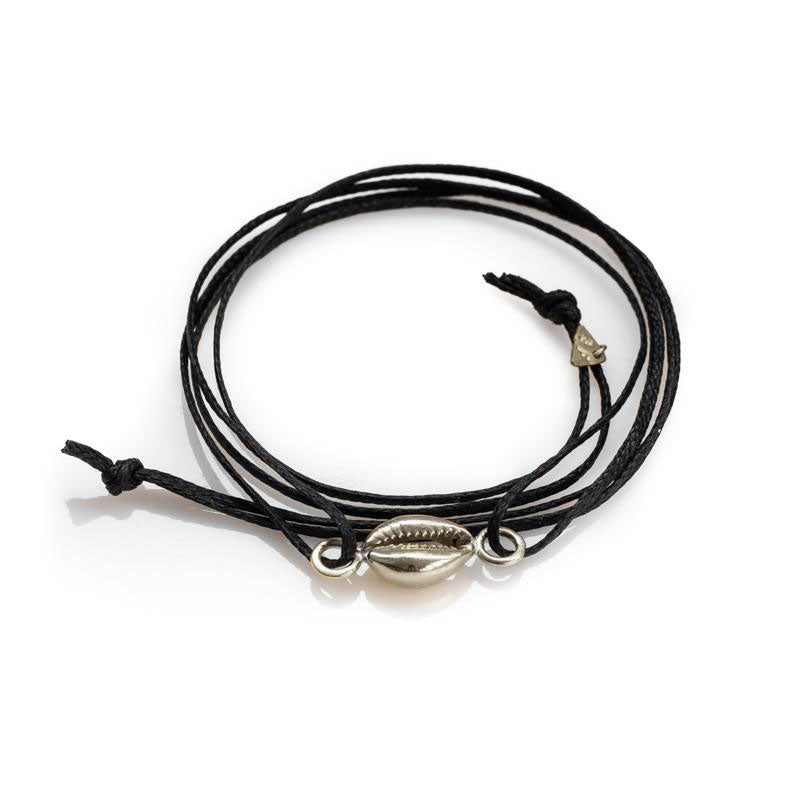 Double black cord bracelet, with a silver colored seashell. By 3rd Floor Lab