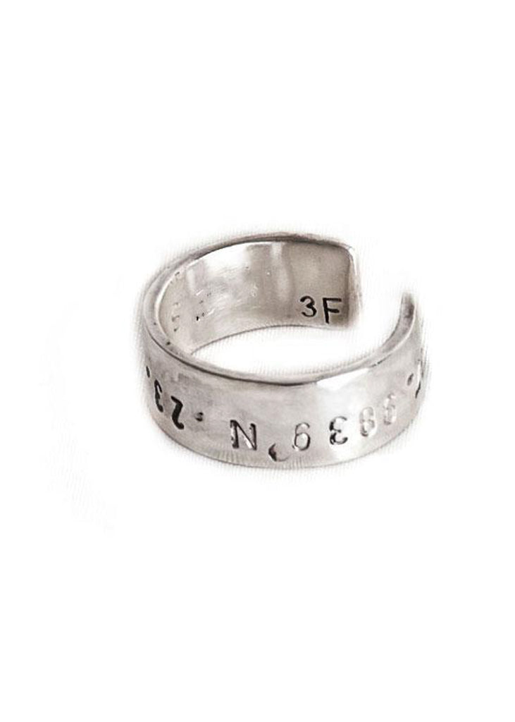 Metis adjustable 925° silver ring stamped with longitude and latitude coordinates